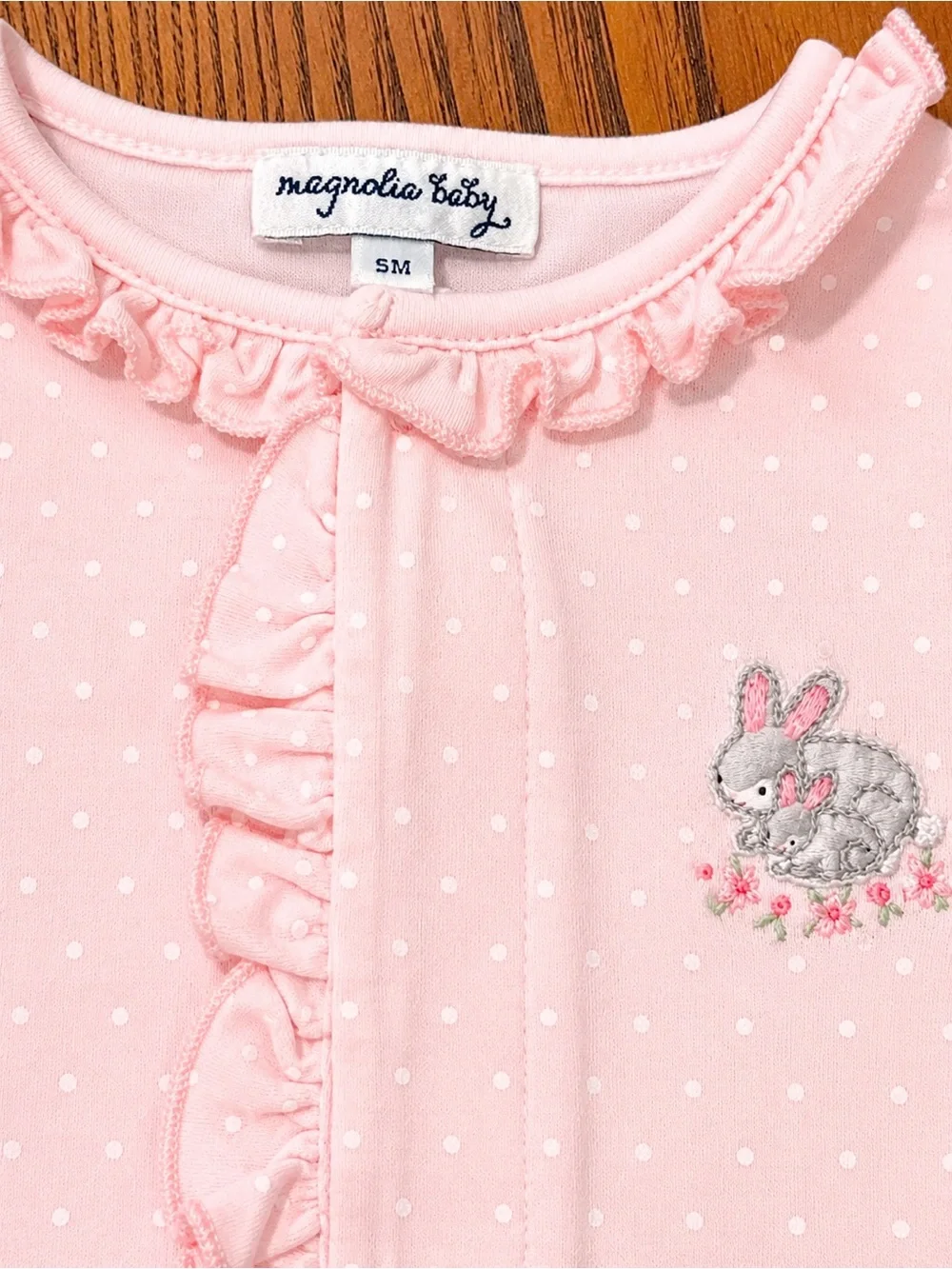 Like New 0-6mo. Magnolia Baby Pink Convertible Gown/Pants Ruffle/Bunny Embroider